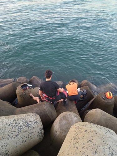바다에 빠진 낚시객 구조작업 중인 119구급대원[서천소방서 제공]